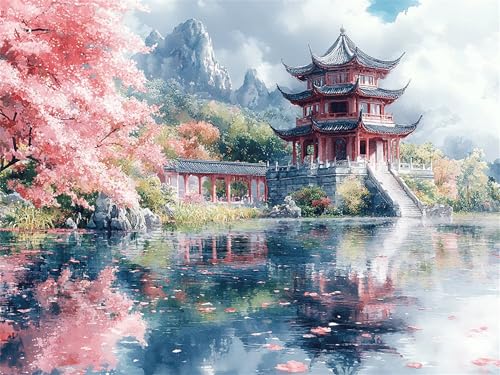Malen Nach Zahlen Japan Malen Nach Zahlen Erwachsene Kinder Landschaft Paint by Numbers DIY Handgemalt öLgemäLde Mit 3 Pinsel Acrylfarbe Knitterfreie Leinwand für Home frühlingsdeko, 50x70cm A-1425 von Tloome