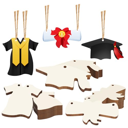 Tmflexe 30 Stück unlackierte Holz-Geschenkornamente zum Basteln, bemalbar, blanko, natürliche Gradukationskappe, Diplomkleid, Kleid, Ausschnitte, hängende Holzscheiben für Partyzubehör von Tmflexe