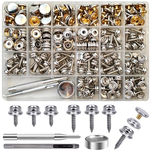 90 Set Druckknöpfe zum Schrauben, 15mm/10mm Edelstahl Druckknopf Schraubbar mit Fixierwerkzeug Kit für Planen, Schiffe, Möbel, Segeltuch, Autozelte (Silber, 15mm/10mm) von TmppDeco