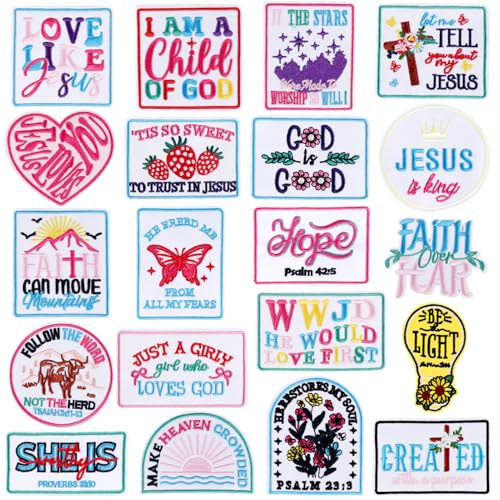 Tmtains 20 Stück christliche Aufnäher zum Aufbügeln, großer Glaube, religiöser Bibelvers, Trucker-Hut-Aufnäher, Jesus, bestickte Applikation, christliche Zitate, Aufnäher für Kleidung, Jacken, Jeans von Tmtains