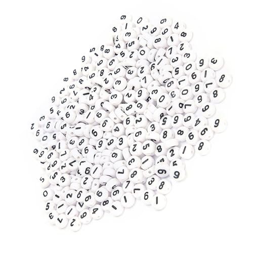 500 Stücke Acryl Perlen, Einfache Beadelung, Leichtes Design Weiß Runde Nummer 0-9 für Handgemachte Perlen Schmuck Diy, 4 X 7 Mm, Handwerk Sammlung, mit Loch für Tägliche Gebrauchte von Tnfeeon