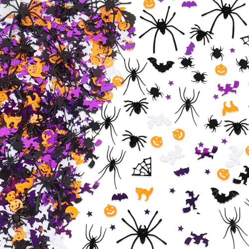 Halloween-Tischkonfetti mit 150 künstlichen Spinnen, Glitzerkürbis, Spinne, Fledermaus, Spinnennetz, Streutischstreusel, realistische Kunststoff-Spinnen für Halloween-Party-Zubehör, Dekoration von Tnoeuz