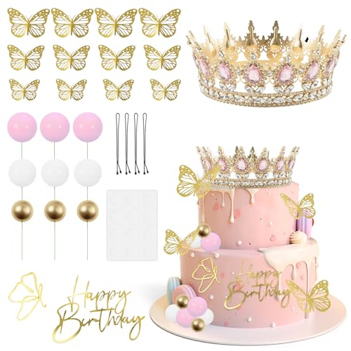 28 Stück Schmetterlinge Deko Torte DIY Tortendeko Geburtstag mit Krone, 3D-Schmetterling, Clip, Cake Topper Geburtstag für Geburtstagstorten, Hochzeitstorten, Babyparty-Torten von Toaboa