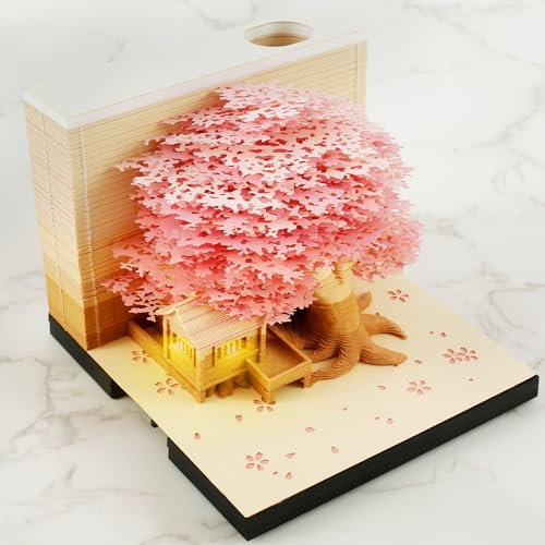3D Notizblock mit LED Leuchten und Stifthalter Kreative Tischkalender Notizblock 3D Memo Pad Papier Kann auch als Schreibtisch kalender Kreatives Papierskulptur Bastel DIY Geschenk (Pinke Blume1) von Toaboa