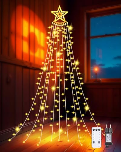 TobeBright Lichterkette Weihnachtsbaum, LED Lichterkette Wasserfall 9 Stränge 3.5M 360 LEDs mit Sterne, Dimmbar 8 Modi Lichterkette Sterne für Weihnachtsbaum Party Hof von TobeBright