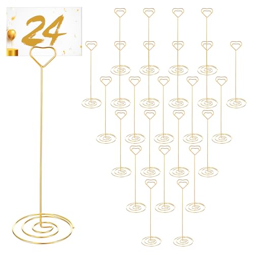 24 Stück goldene Tischkartenhalter, 22,6 cm hoch, Tischnummernhalter, goldener Bilderhalter für Tische mit herzförmigem Clip für Hochzeit, Fotos, Lebensmittelschilder, Memo-Notizen, Restaurant von Tobeelec