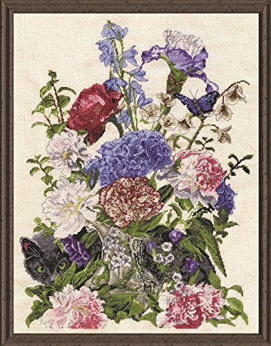 Design Works Crafts Kreuzstich Stickpackung Blumenstrauß mit Katze, Zählmuster von Tobin