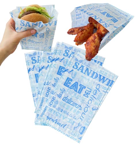 Tocnvoe - 100 Stück Hamburger Papiertüte, 18x12x7 cm, Blaues Textmuster, Fettdichtes Lebensmittelpapier, Langlebig, Feuchtigkeits und Fettbeständig, Papiertüte für Sandwiches, Burger, Snacks von Tocnvoe