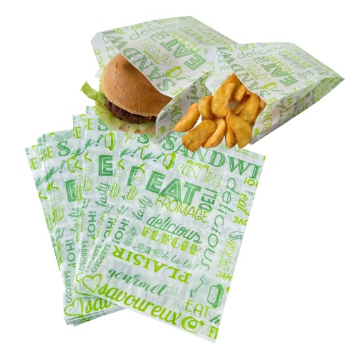 Tocnvoe - 100 Stück Hamburger Papiertüte, 18x12x7 cm, Grünes Textmuster, Fettdichtes Lebensmittelpapier, Langlebig, Feuchtigkeits und Fettbeständig, Papiertüte für Sandwiches, Burger, Snacks von Tocnvoe