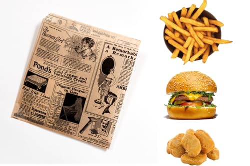 Tocnvoe - 100 Stück Hamburger Papiertüte, 19X17 cm, Braun Zeitungsmuster, Fettdichtes Lebensmittelpapier, Langlebig, Feuchtigkeits und Fettbeständig, Papiertüte für Sandwiches, Burger, Snacks von Tocnvoe
