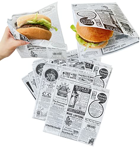 Tocnvoe - 100 Stück Hamburger Papiertüte, 19X17 cm, Zeitungsmuster, Fettdichtes Lebensmittelpapier, Langlebig, Feuchtigkeits und Fettbeständig, Papiertüte für Sandwiches, Burger, Snacks von Tocnvoe