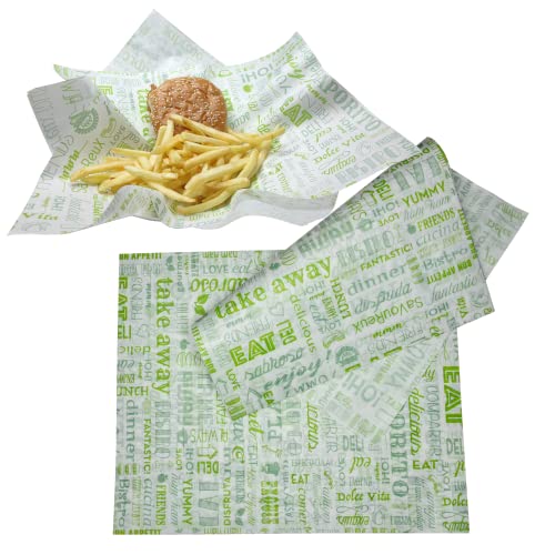 Tocnvoe - 100 Stück fettdichtes Papier, 28X34cm, Grünes Buchstabenmuster, langlebig, feuchtigkeits- und fettbeständig, Geschenkpapier für Sandwiches, Burger, Snacks von Tocnvoe