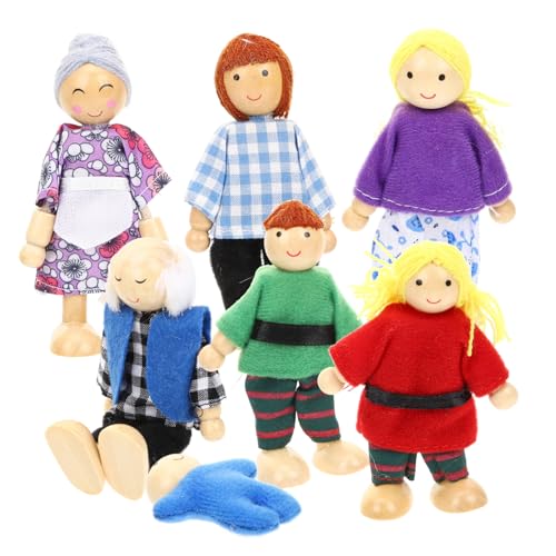 Toddmomy 7 Stück Teiliges Holzfiguren für Kleinkinder Bewegliche Familienpuppen mit Blauer Kleidung Sichere Holz und Stoffmaterialien für Rollenspiele Motorischer Fähigkeiten und von Toddmomy