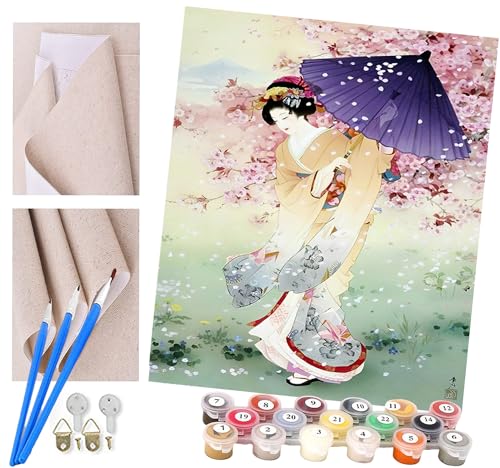 ToeTs DIY Malen nach Zahlen Kinder Erwachsene Anfänger, Leinen Leinwand Acryl Anzahl Malerei Geschenke,Abstrakte Kunst Sakura japanische Geisha 40x50cm von ToeTs