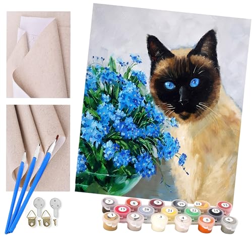 Malen nach Zahlen Blaue Blume Siamkatze Kits für Anfänger Erwachsene DIY Art Decor Handgemalte Malerei nach Zahlen Kreatives Geschenk Home Decoration 16x20 Zoll von ToeTs