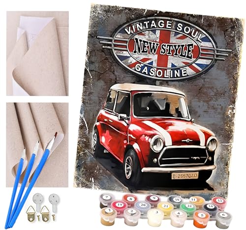 Malen nach Zahlen Kits Kunst Oldtimer, klassisches rotes Auto DIY vorgedruckte Leinwand Ölgemälde Geschenk für Erwachsene Kinder Home House Decor 40 * 50 cm von ToeTs