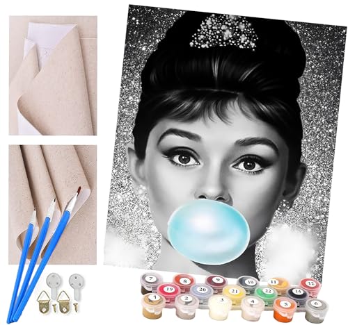 ToeTs Malen nach Zahlen Kits für Erwachsene und Kinder Audrey Hepburn bläst Kaugummi Diy Digitales Ölgemälde Geschenk Kits Vorgedruckte Leinwand Kunst Dekoration -16 * 20 Zoll von ToeTs