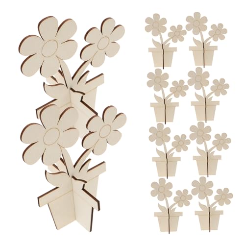 Tofficu 10 Stück Blumenbemalte Holzspäne unvollendet Bastelblumen mini drinnen bastelmaterial holzdekor Holzhandwerk unfertige hölzerne Blumenausschnitte Holzblumen mit Stielen Beige von Tofficu