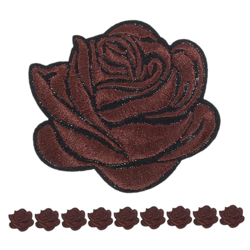 Tofficu 10 Stück Blumenstickstätte rosa Bügelflicken bestickte Aufnäher für Kleidung Rucksack-Patches Rosenapplikation zum Aufbügeln Patches für Jacken Jackenflicken Polyester Coffee von Tofficu