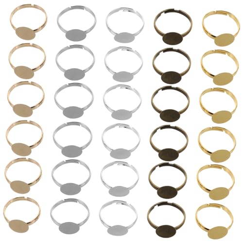 Tofficu 100 Stück Teiliges Verstellbares Cabochon Ringrohling Flache Runde Metall lünette Leere Ringbasis für DIY Schmuckherstellung Kompatibel mit Verschiedenen Edelsteinen für Damen und von Tofficu