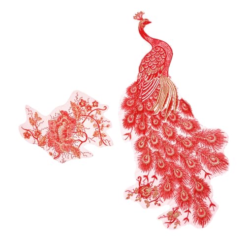 Tofficu 2 Stück Rote Pfauenblumen Stickerei Aufnäher Kreative Kleidungsapplikationen für Cheongsam Vorhänge und Textilien Auffällige Dekorative Patches mit Goldener Linie zum Aufnähen von Tofficu