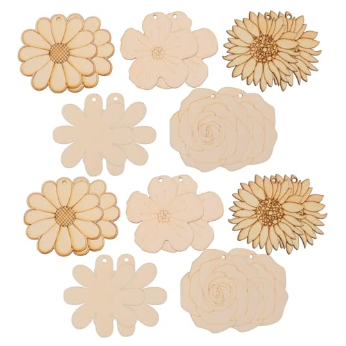 Tofficu 20 Stück Teiliges Holzblumen DIY mit Sonnenblumen Rosen Daisy Formen Bemalbare Holzscheiben mit Juteschnur für Kreative Bastelmaterialien für Wand und Tischdekoration Partybedarf von Tofficu