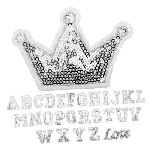 Tofficu 28 Stück Teiliges Bügel mit Pailletten Stickerei Buchstaben Aufnäher für DIY Kleidung Schuhe Rucksack Dekoration Silberne Alphabet Patches Inklusive Krone Einfach zu Befestigen von Tofficu