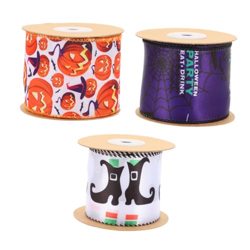 Tofficu 3 Rollen Halloween Dekobänder Yards pro Rolle Polyester Eisen Geschenkband für Geschenkverpackung Tisch und Wanddeko mit Kürbis Stiefel und Spinnennetz Mustern von Tofficu