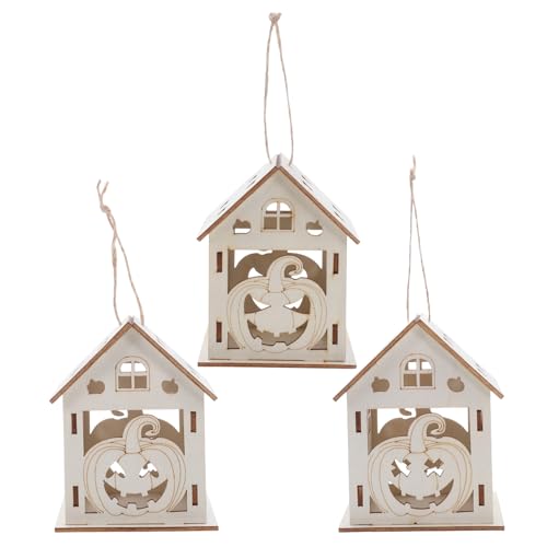 Tofficu 3 Stück Teiliges DIY Halloween Holzhaus-Set Unfertige Kürbis-deko aus Holz Robuste DIY Holzhausanhänger für Platzsparende Halloween Hängedekoration für Wohnzimmer und Herbstfest von Tofficu