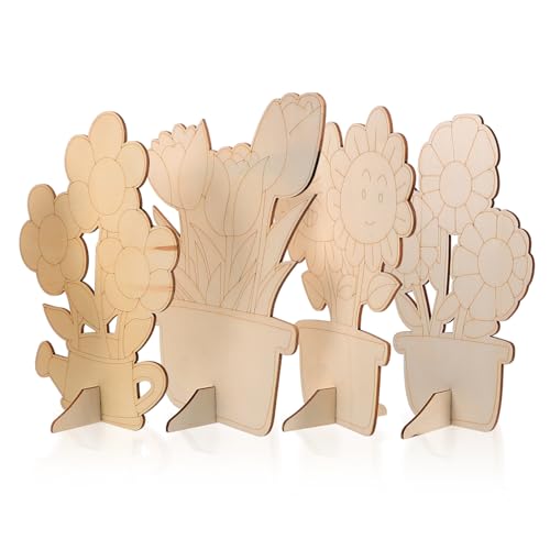 Tofficu 4 Stück Blumenornamente aus Holz gefälschte Blumen Holzblume für Handwerk Holzspäne zum Malen Graffiti-Blumenausschnitte DIY-Graffiti-Scheiben Holzblumenausschnitt hölzern von Tofficu