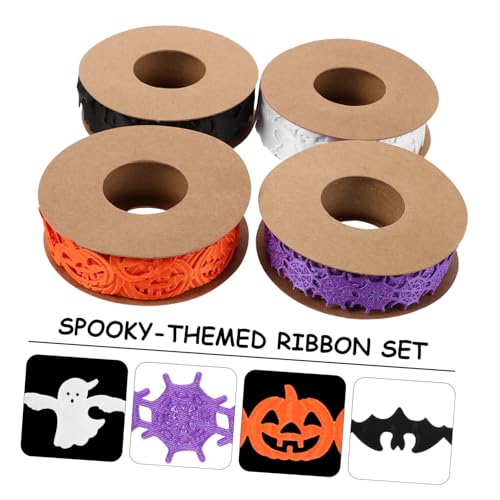 Tofficu 4 Stück Halloween Dekoband Set Dünnes Halloween Band mit Geist Fledermaus Kürbis und Spinnennetz Geprägt für DIY Bastelprojekte Geschenkanhänger Kränze Partydekoration von Tofficu