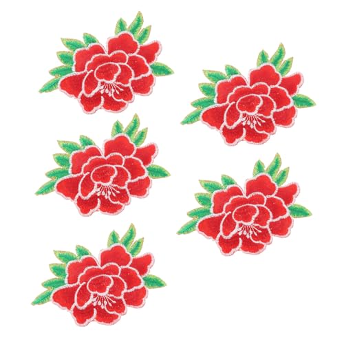 Tofficu 5 Stück Teiliges Aufbügel Patch Blumenmotiv Bestickte Applikationen für Kleidung Rucksack Dekoration und Reparatur Rote Pfingstrose mit Weißem Rand von Tofficu