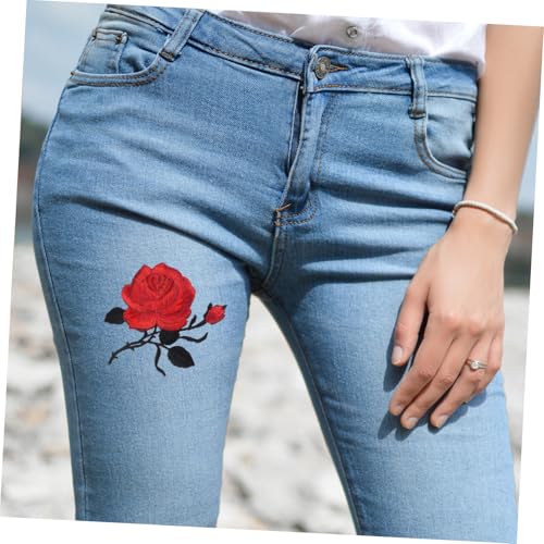 Tofficu 5 Stück Teiliges Rote Rosen Stickerei Patches zum Aufbügeln und Nähen Vielseitige Textil Bügelmotive für Kleidung Taschen Kissen DIY Reparatur und Dekorationsapplikationen von Tofficu