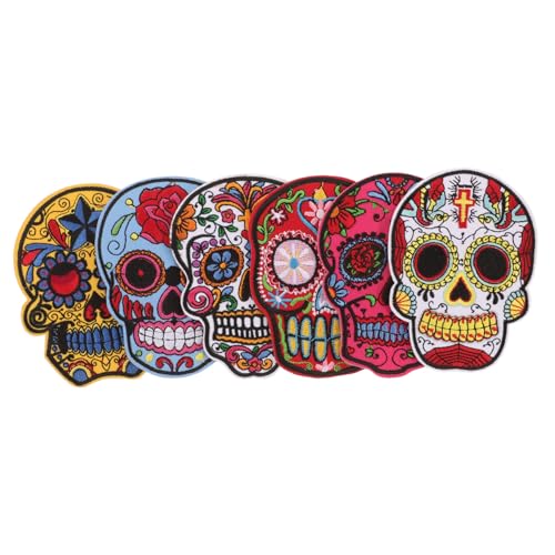 Tofficu 6 Stück Rosenschädel Geisterkopf Sticker Aus Stoff Halloween Skelett Dekoration Gothic Accessoires Hexen Applikation Bestickter Aufnäher Für Männer Nähstoff von Tofficu