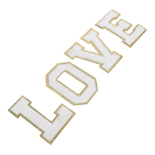 Tofficu Chenille Buchstaben Aufnäher zum Aufbügeln mit Goldrand Weiße Love Applikationen zum Aufnähen Glitzernde DIY Patches für Jacken Hüte Rucksäcke Schnelles Anbringen ohne Nähen von Tofficu