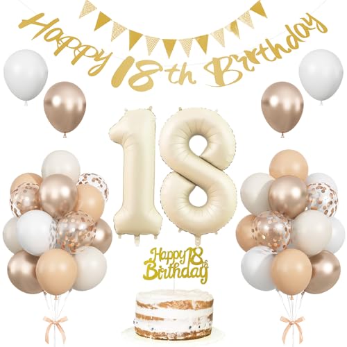 18 Geburtstag Party Dekorationen für Mädchen Jungen, Sand Weiß Gold 18 Jahre alt Folienballon Set, Beige Gold Nummer 18 Party Dekorationen, Happy Birthday Banner mit Cake Topper für Boho Party von Togvu
