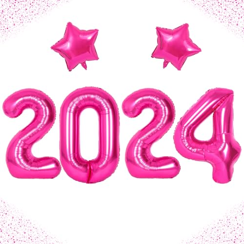 2024 Foil Luftballon, 2024 NYE Party Deko, Hot Rosa 40 Zoll Zahlenballon mit 18 Zoll Sterne Folienballon, Neujahrsdeko Silvester Ballon Dekoration für Neues Jahr, Geburtstag, Jubiläum, Abschluss von Togvu