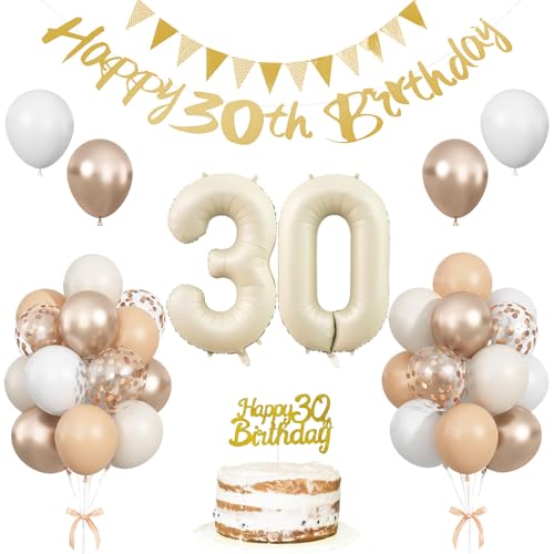 30 Geburtstag Party Dekorationen für Frauen Männer, Happy 30th Birthday Banner mit Cake Topper, Sand Weiß Gold 30 Jahre alt Ballon Set, Beige Gold Nummer 30 Party Dekorationen für Boho Party Supplies von Togvu