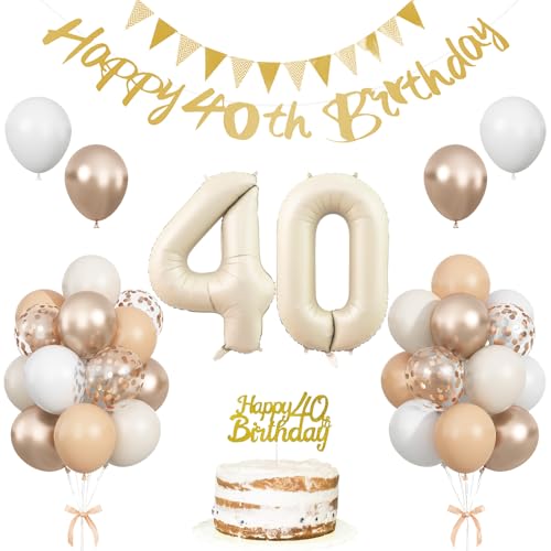 40 Geburtstag Dekorationen für Frauen Männer, Sand Weiß Gold Party Dekoration mit 40 Jahre alt Folienballon Set, Beige Gold Happy Number 40 Birthday Banner mit Cake Topper für Ihn Sie Boho Party von Togvu