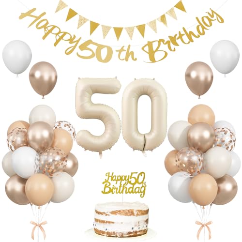 50 Geburtstag Dekorationen, Sand Weiß Gold Party Dekoration mit 50 Jahre alt Folienballon Set, Beige Gold Happy Number 50 Birthday Banner mit Tortendeko für Frauen Männer Boho Party Supplies von Togvu
