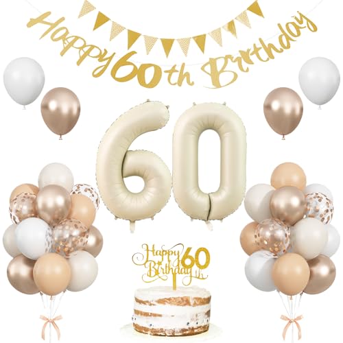 60 Geburtstag Party Dekorationen für Frauen Männer, Sand Weiß Gold 60 Jahre alt Ballon Set, Beige Gold Nummer 60 Party Dekorationen, Happy Birthday Banner mit Cake Topper für Sie Boho Party Supplies von Togvu