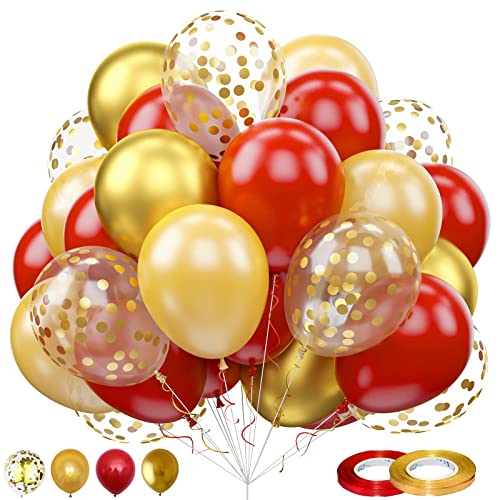 60 Stück Rot Gold Luftballons, 12 Zoll Rot Gold Latex Ballons und Gold Konfetti Helium Luftballons, Rot Geburtstagsdeko für Mädchen Frau Mann Hochzeit, Abschluss, Geburtstag, Babyparty Dekoration von Togvu