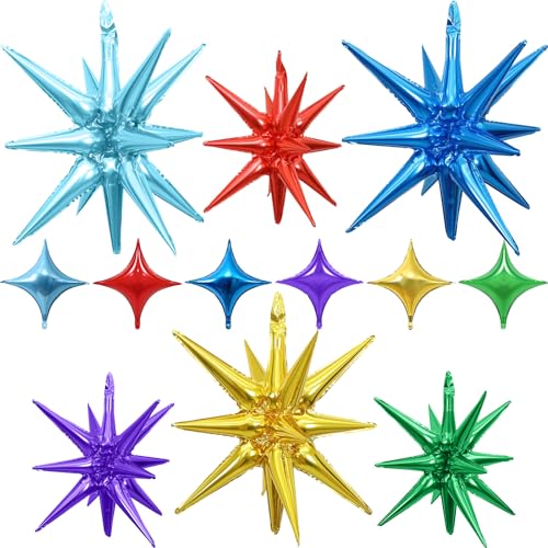 Bunte Sternballons, Folie, 12 Stück, 68,4 cm / 55,9 cm, Regenbogen-Stern-Explosionsballons, großer Spike-Mylar-Kegelballon, mehrfarbiger Feuerwerk-Form-Ballon, Party-Dekoration für Geburtstag von Togvu