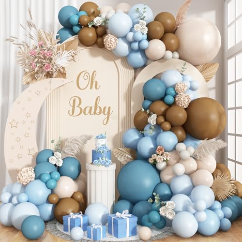 Doppelt gefülltes staubiges blaues braunes Ballonbogen-Set, neutrale Ballongirlande, Pastell-Babyblau, Dunkelbraun, Weiß, Sandbeige, Hellbraun, Latexballons für Jungen, Babyparty, Teddybär von Togvu