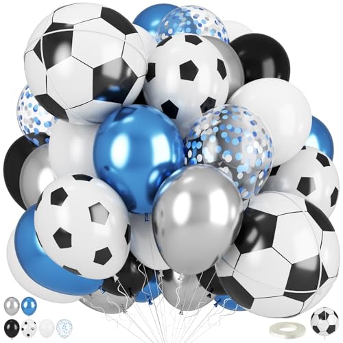 Fußball-Ballons, metallisch-blau-silberfarbene Luftballons mit 45,7 cm Fußball-Folienballon für Sportthemen, Fußball-Party-Dekorationen, Fußball-Druck, Chrom, Silber, Blau, Konfetti-Ballon für Jungen von Togvu