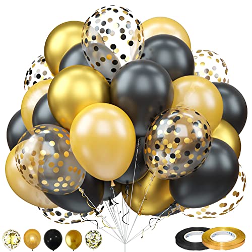 Gold Schwarz Luftballons Set, 60 Stück Schwarz Metallic Chrom Gold Latex Ballons mit Schwarz Gold Konfetti Luftballons, Schwarz Gold Geburtstagsdeko Luftballons für Hochzeit Babyparty Dekorationen von Togvu