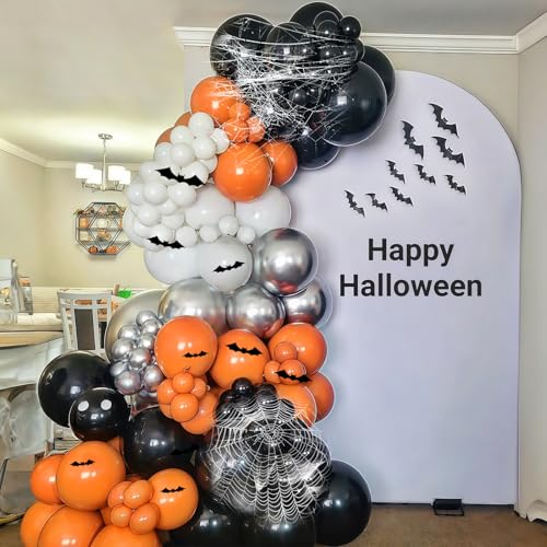 Halloween-Ballonbogen-Set, 105 Stück, Schwarz Orange Silber Luftballons mit 12 Stück 3D Fledermaus Wandaufkleber und Spinnennetz, DIY Orange Schwarz Metallic Silber Luftballons Girlande für gruselige von Togvu