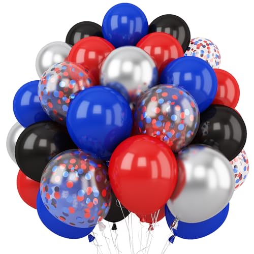 Luftballon Rot Blau Schwarz, 12 Zoll Dunkelblau Rot Schwarz Latex Ballons, Rot Blau und Silber Metallic Helium Ballons mit Konfetti Luftballons für Kinder Jungen Spinnen Thema Geburtstag von Togvu