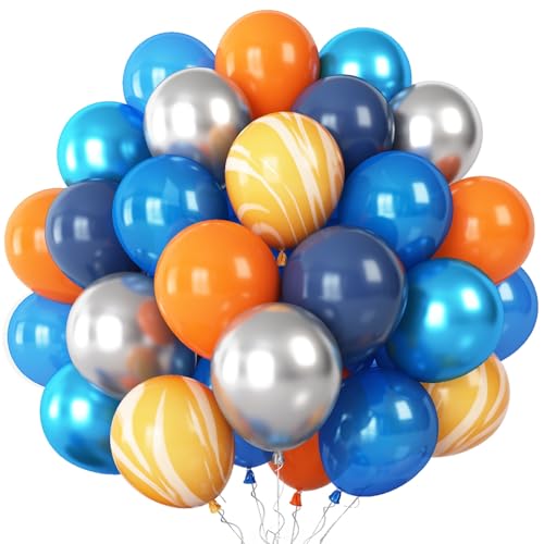 Luftballons Blau Gelb, 60 Stück Weltraum Luftballons Set Marineblau Metallic Blau Silber Orange Gelb Achat Latexballons Helium Ballons für Junge Kinder Geburtstag Partydeko Babyparty Dekoration von Togvu