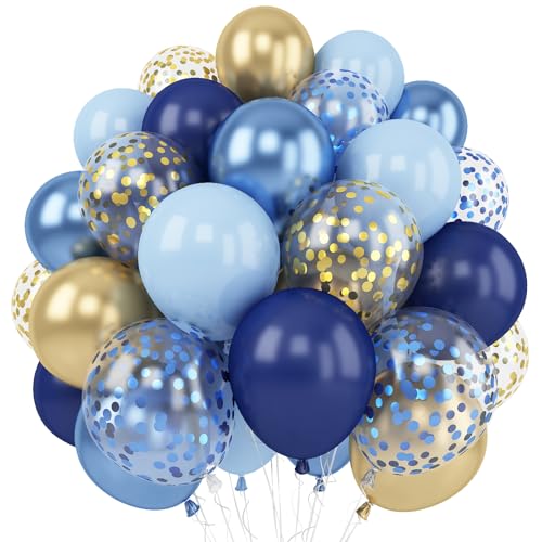 Luftballons Blau Gold, 60 Stück 12 Inch Luftballons Marineblau Pastellblau und Metallic Gold Konfetti Ballons für Geburtstagsdeko Mann, Babyparty Deko Junge, 1. Geburtstag Junge, Babyparty von Togvu